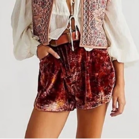 Free People High Waist Velvet Shorts - Maroon and Yellow - Picture 1 of 12
